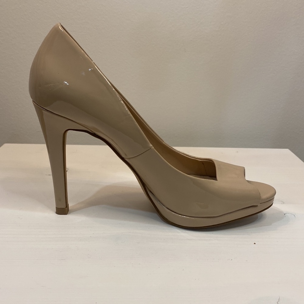 Shiny Nude Peep Toe Heels - Picture 3 of 15